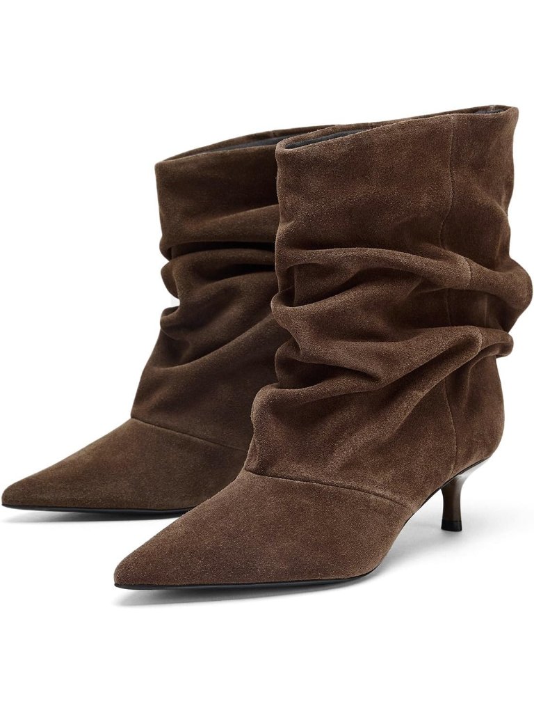 Women's Coffee Slouchy Pointed Toe Pull On Kitten Heel Casual Short Ankle Boots